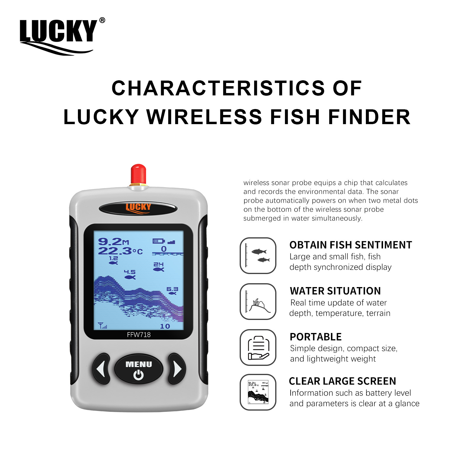 LUCKY FFW718 Wireless Portable - огляд і ціна Fishing Depth Finder